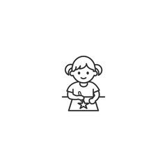 Outline Cute Girl Drawing with Crayon - Creative Kid Vector Illustration