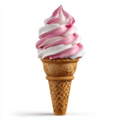 Delicious Strawberry and Vanilla Swirl Soft Serve Ice Cream Cone on White Background Perfect for summer refreshment