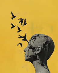Concept of Free Thought. Gray Sculpture with Flying Birds on Yellow Background. Generative AI
