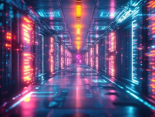 Immersive Journey Through a Digital Data Stream, Futuristic Neon Corridor