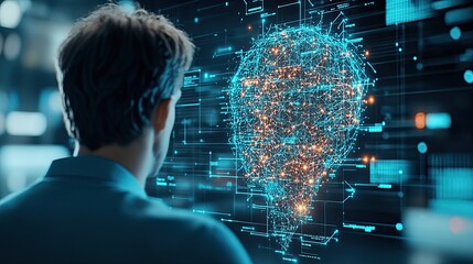 Leadership Analytics Computing, A Business Leader Leveraging AI and Data Insights for Smarter Decisions in Leadership Analytics Computing Person contemplating AI brain visualization.