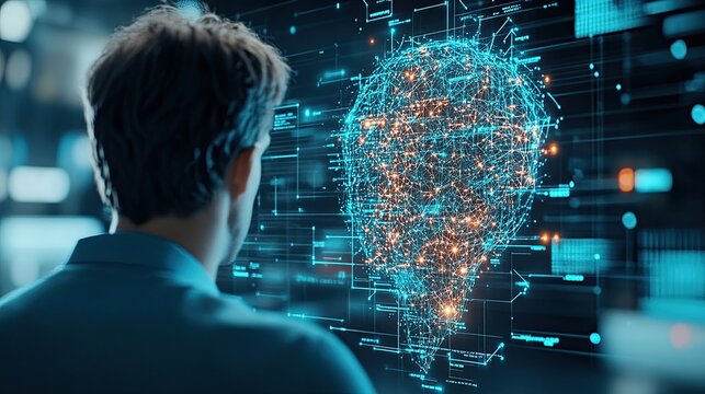 Leadership Analytics Computing, A Business Leader Leveraging AI and Data Insights for Smarter Decisions in Leadership Analytics Computing Person contemplating AI brain visualization.