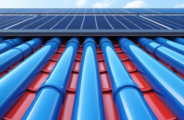 Obraz premium Solar panels atop a tiled roof with blue pipes beneath. The pipes run parallel across the roof
