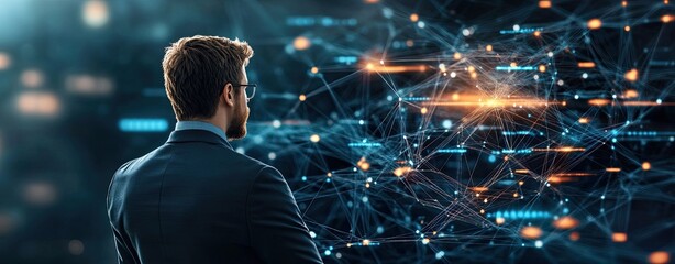 Leadership Analytics Computing, A Business Leader Leveraging AI and Data Insights for Smarter Decisions in Leadership Analytics Computing Businessman analyzing digital data connections.