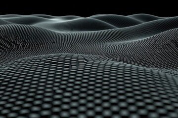 Abstract, dark gray, textured surface with undulating waves and a repeating grid pattern  Close-up view reveals the intricate details of the surface