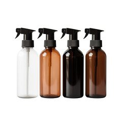 Four spray bottles in different colors standing in a row against a studio shot transparent background png