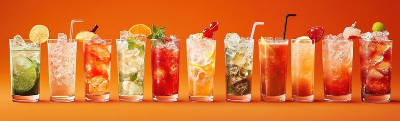 Colorful array of refreshing drinks in tall glasses, garnished with fruits and herbs.  Ice-cold beverages with varied colors and textures, perfect for a summer day