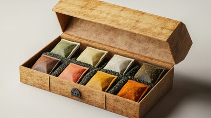 A tea box with various tea bags inside, open and displayed