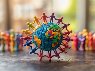 Miniature Human Figures Embracing Globe Symbolizing International Cooperation and Global Unity for a Sustainable Future