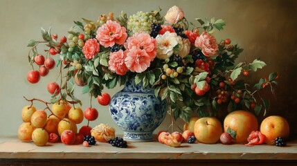 A classic oil painting of a still life, featuring fruits and flowers in a vase 