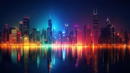 Fototapeta premium A vibrant city skyline at night, with tall skyscrapers and colorful lights 