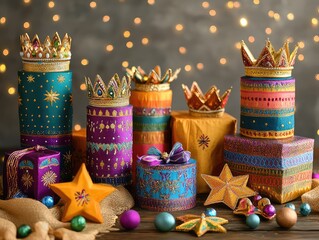 Festive Three Kings Day Celebration Still Life with Decorative Presents