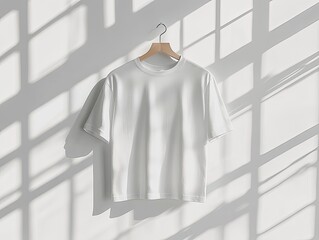 Minimalist white t-shirt hanging on a wooden hanger illuminated by sunlight creating artistic shadows on the wall with copy space