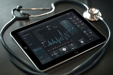 Fototapeta premium Digital medical tablet interface with stethoscope.