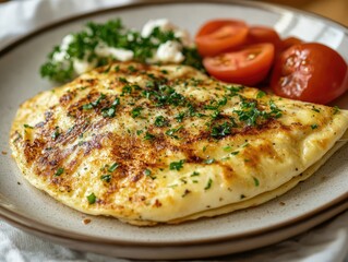 Healthy and delicious omelette with fresh vegetables on rustic plate