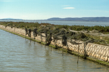 Fototapeta premium Filets de pêche, Etang de Vic, lagune, espace naturel protégé, 34, Hérault, France
