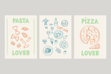 Pasta and Pizza lover doodles placard or poster set with Italian cuisine. Vector food illustration of sketch style hand drawn posters. Wall art prints decor. For invitations, menus design, card, flyer
