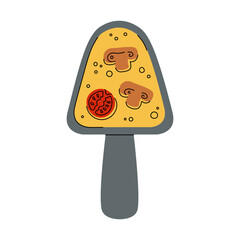 Raclette national Swiss German dish top view. Hand drawn vector food illustration in flat style with processed cheese, mushrooms, tomato on isolated background. Design element for logo, card, menu 
