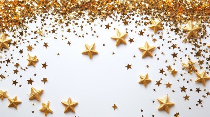 Gold stars confetti border, white background