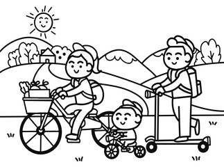 Family cycling the bicycle together at park.