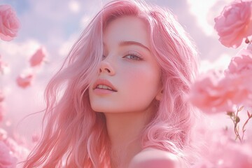 Young woman with pink hair surrounded by roses