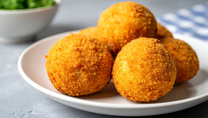 Tasty Italian Arancini. Rice balls. Fried food. Delicious snack. Cooking and culinary concept.