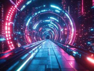 Immersive journey through a futuristic neon-lit tunnel with holographic designs and advanced technological elements for virtual reality experience