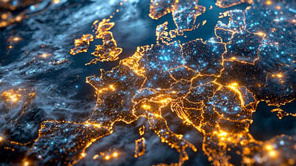 stunning aerial view of Europe illuminated at night, showcasing vibrant city lights and intricate landscapes