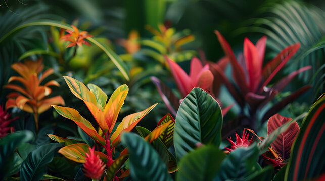 A vibrant display of tropical plants with colorful foliage in a lush green environment outdoors