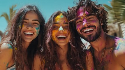 Obraz premium Happy friends, Holi festival, beach, powder paint, celebration