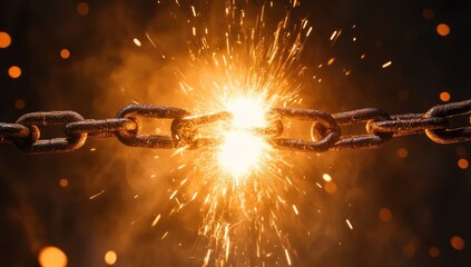 A rusty metal chain breaks apart in a fiery explosion of sparks, symbolizing freedom and liberation