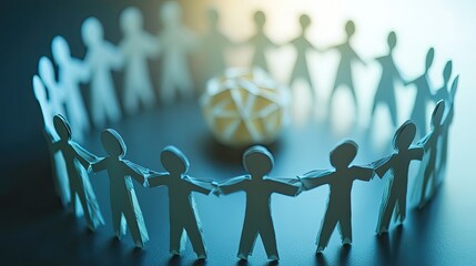 Paper Figures United in a Circle Symbolizing Collaboration and Teamwork towards a Central Goal in a Business Environment