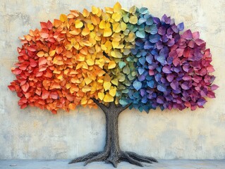 Rainbow tree, A symbol of growth, diversity, and the beauty of nature's spectrum standing tall against a textured vintage wall backdrop