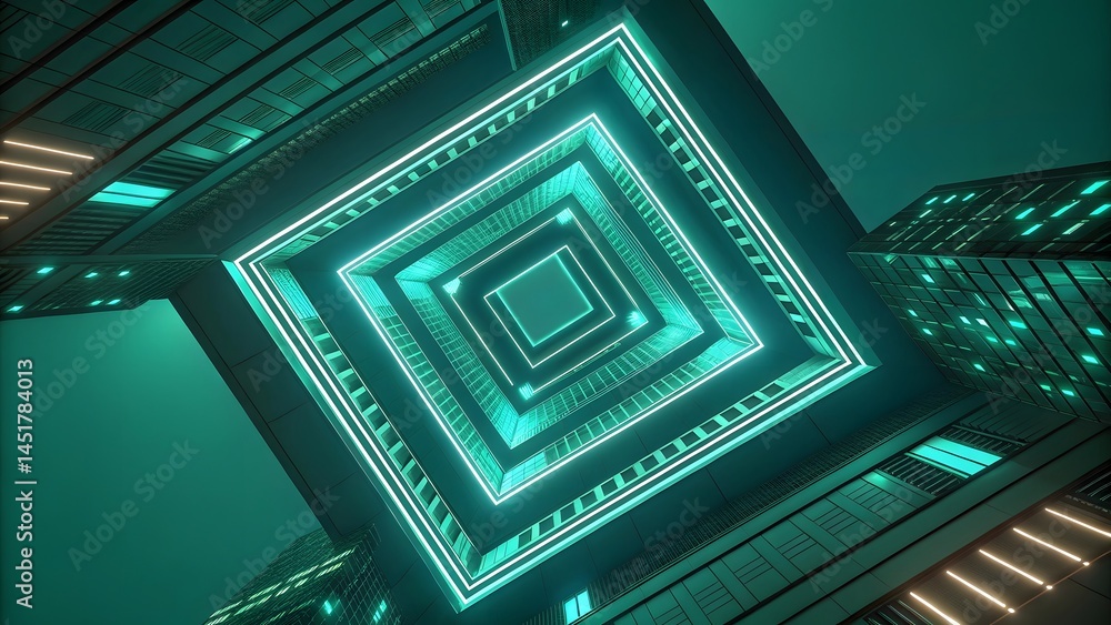 Poster view looking up at a futuristic structure with glowing teal square tunnel and building architecture