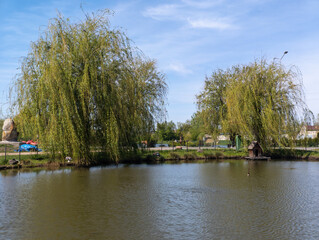 Fototapeta premium A pond with a small boat in the middle of it