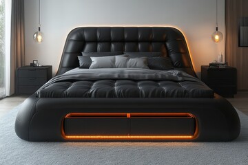 Fototapeta premium Black leather bed with LED lights, storage drawers, square wooden frame, black nightstands, light blue carpet, hyper-realistic bedroom setting.