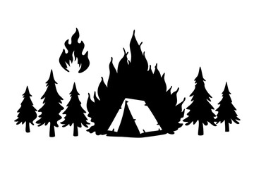 Obraz premium Campfire in Forest Silhouette with Tents, Outdoor Adventure Scene, Night Camping Art, Wilderness Illustration, On Transparent Background
