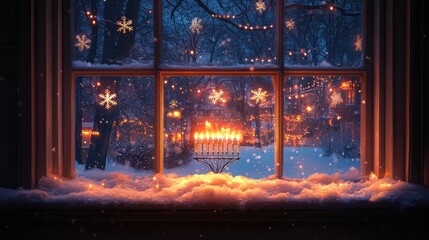 Magical Hanukkah Night, Illuminated Menorah Glows Behind Snowy Window Scene