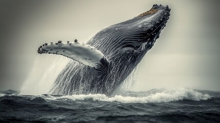 Fototapeta premium A stunning photograph of a humpback whale breaching through the ocean waves, capturing the exact moment as the massive creature emerges from the water with a powerful splash.