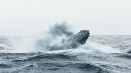 Naklejka premium A stunning photograph of a humpback whale breaching through the ocean waves, capturing the exact moment as the massive creature emerges from the water with a powerful splash.