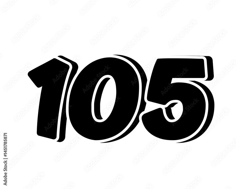 Poster stylized black number 105 on transparent background, with a bold, 3d appearance and shadow effects f
