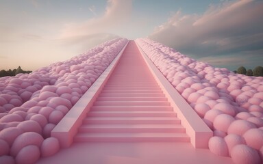 Fototapeta premium Ethereal pink stairway leading towards the heavens, fantasy dreamscape
