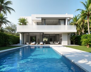 Fototapeta premium a modern, minimalist house with large windows and a flat roof. The house is surrounded by lush greenery, including palm trees and other tropical plants