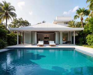 Fototapeta premium a modern, minimalist house with large windows and a flat roof. The house is surrounded by lush greenery, including palm trees and other tropical plants