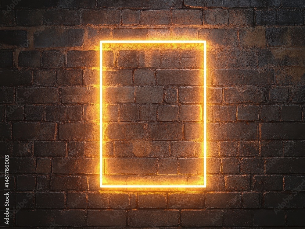 Poster glowing orange neon rectangle frame on dark textured brick wall creating abstract retro background w
