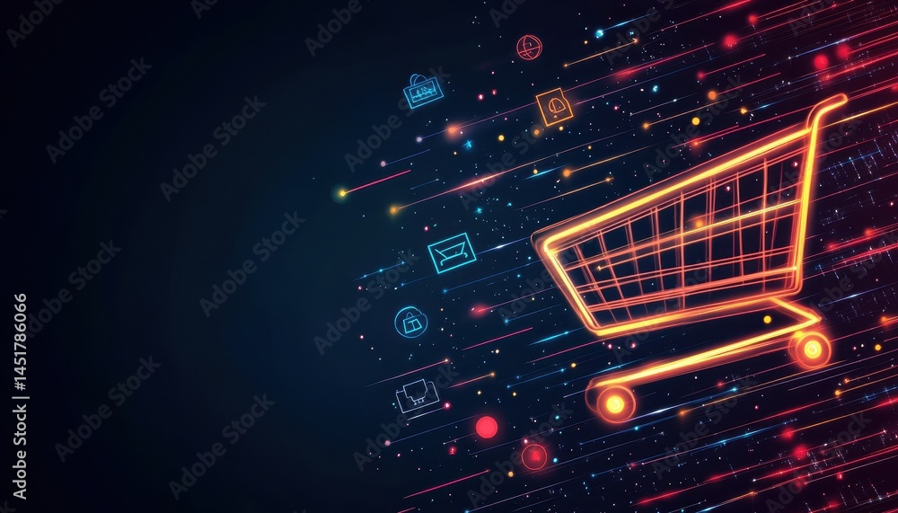 Aufkleber glowing shopping cart digital network on dark background with blue and red data stream illustrating 