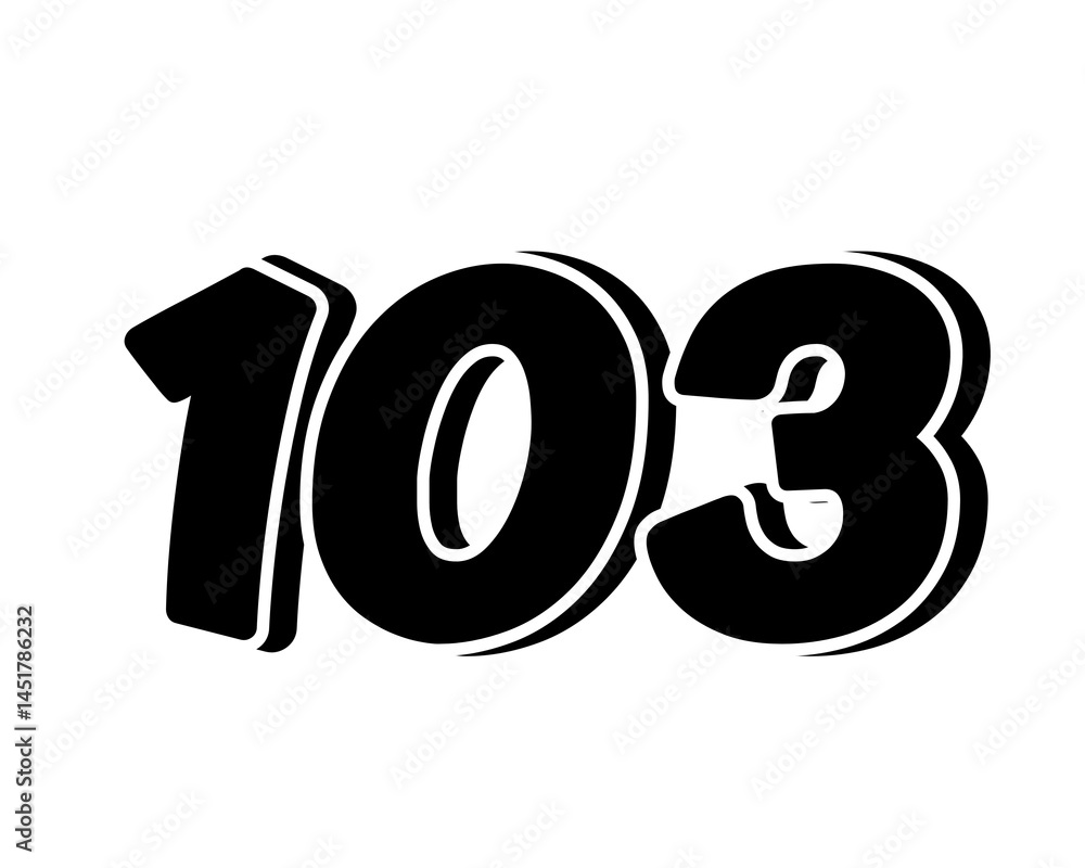 Poster stylized black number 103 on transparent background, with a bold, 3d appearance and shadow effects f