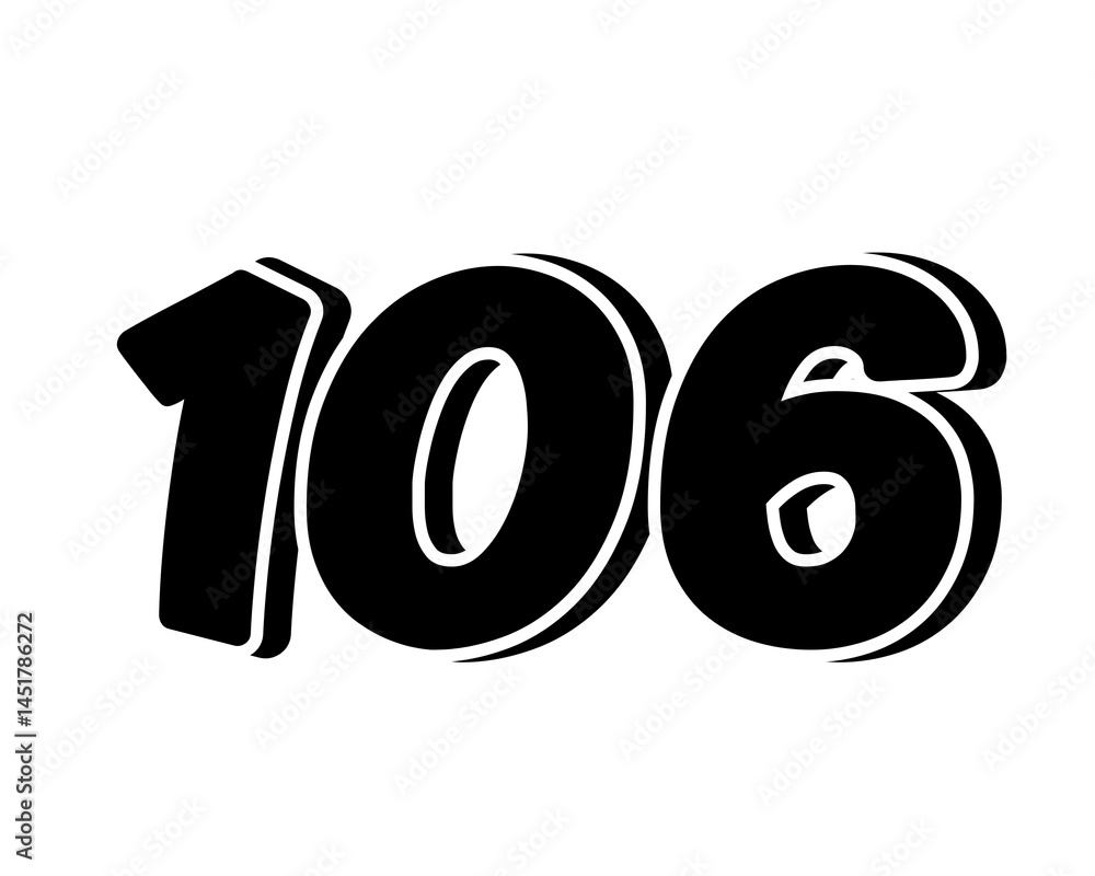Poster stylized black number 106 on transparent background, with a bold, 3d appearance and shadow effects f