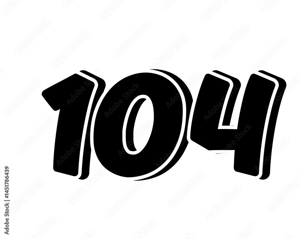 Poster stylized black number 104 on transparent background, with a bold, 3d appearance and shadow effects f