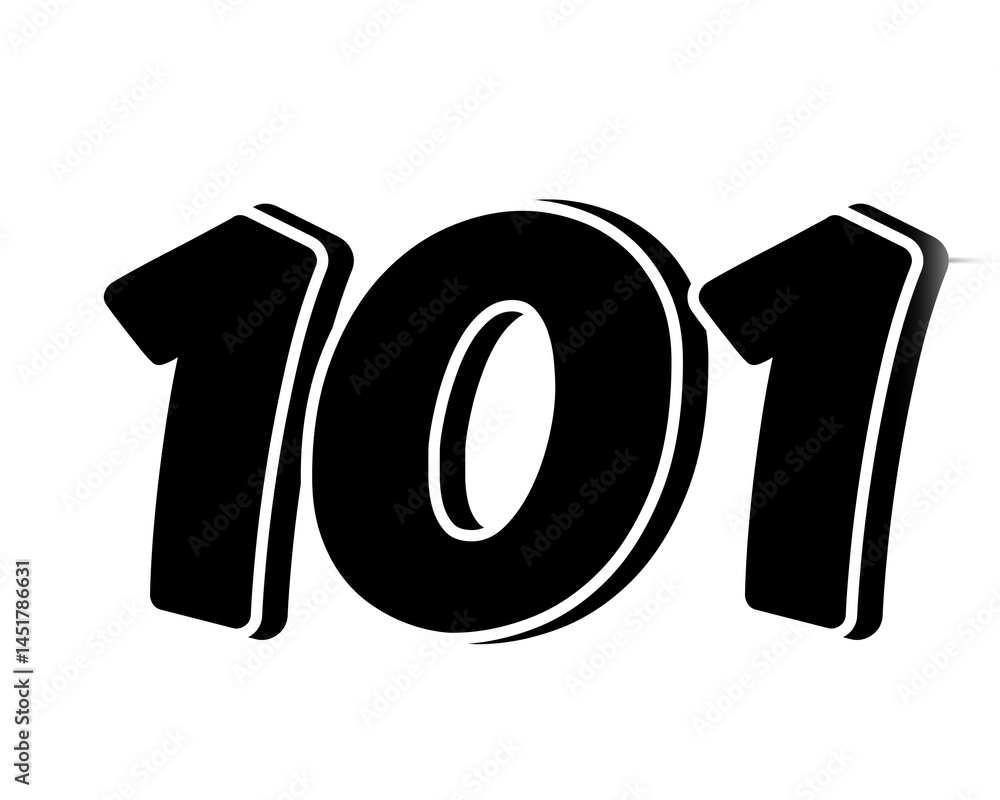 Poster stylized black number 101 on transparent background, with a bold, 3d appearance and shadow effects f